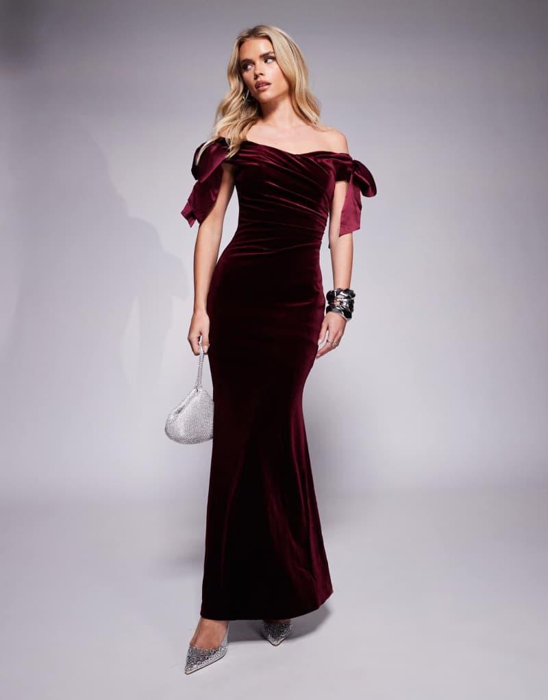 Ever New Petite bow draped velvet maxi gown in oxblood Ever New