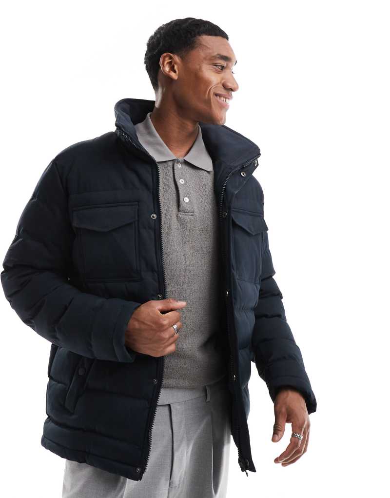 French Connection smart puffer jacket with pockets in navy French Connection Mens