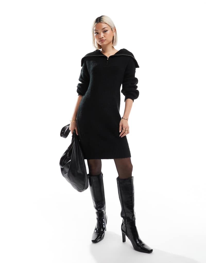 French Connection half zip knitted mini dress in black  French Connection