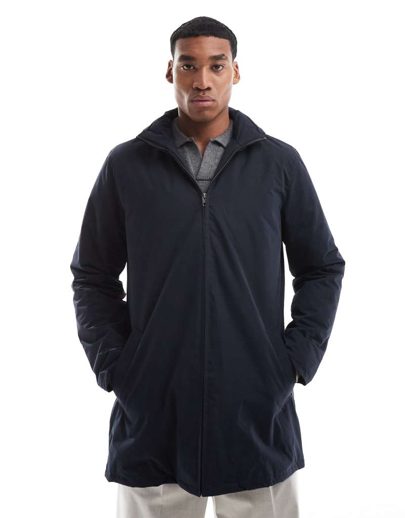 French Connection lined trench jacket with hood in navy French Connection Mens