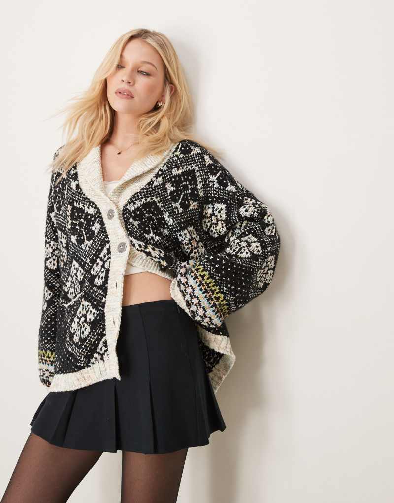 Free People sasha fairisle cardigan in black and cream Free People