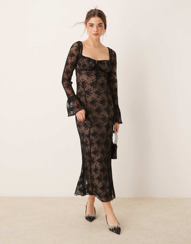 GINA TRICOT sheer lace maxi dress with fluted sleeves in black GINA TRICOT