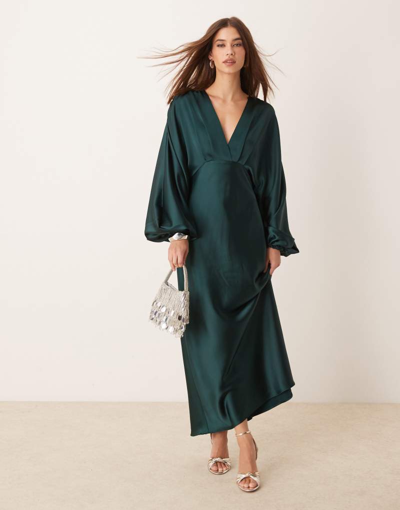 GINA TRICOT v neck satin maxi dress with volume sleeves in dark green GINA TRICOT