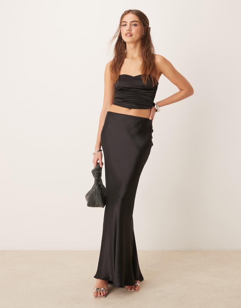 Gina Tricot satin maxi skirt with back hem godet detail in black GINA TRICOT