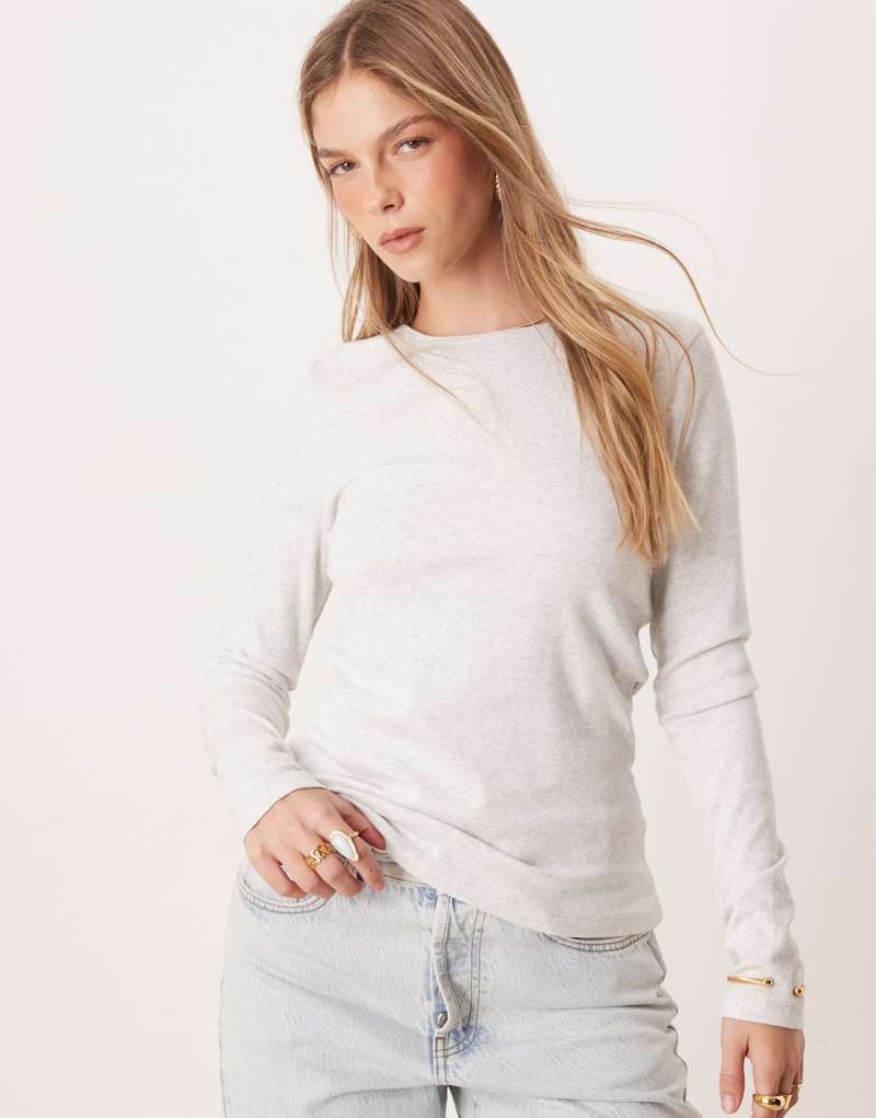 Gina Tricot jersey rib round neck long sleeve top in gray melange GINA TRICOT