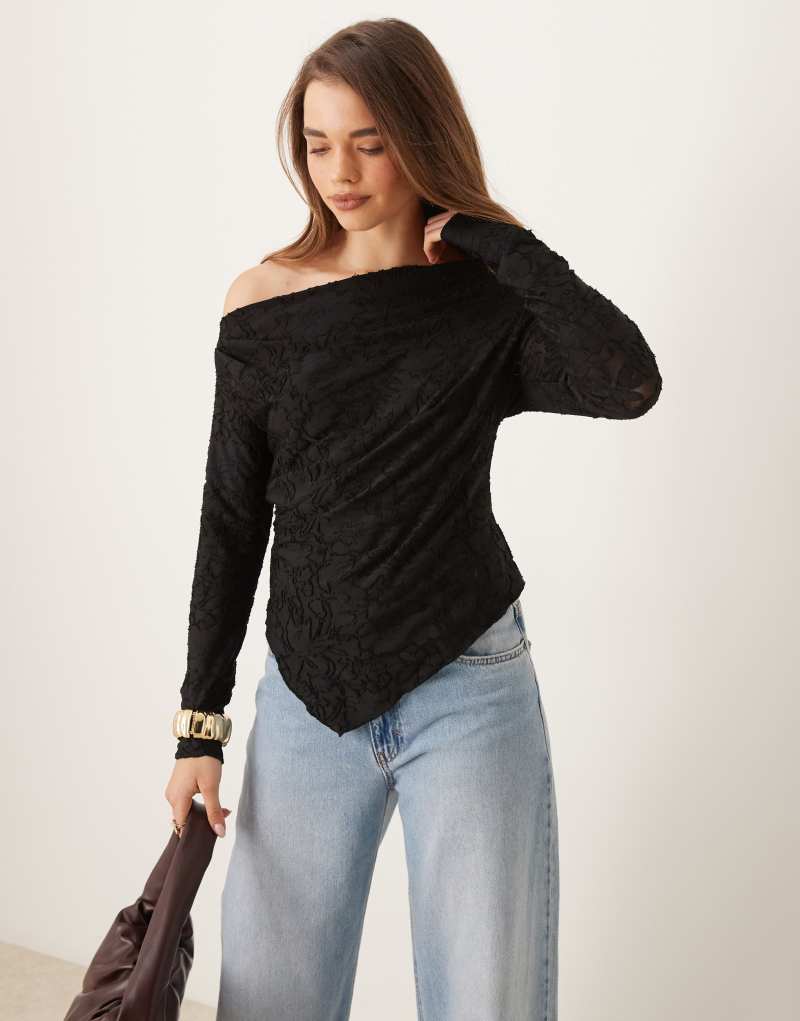 Gina Tricot jersey jacquard off shoulder top with asymmetric hem in black GINA TRICOT