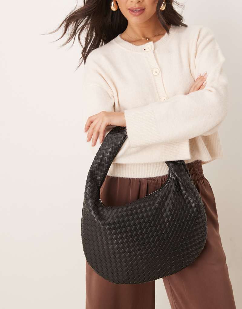 Gina Tricot weave slouch shoulder bag with twisted strap in black  GINA TRICOT