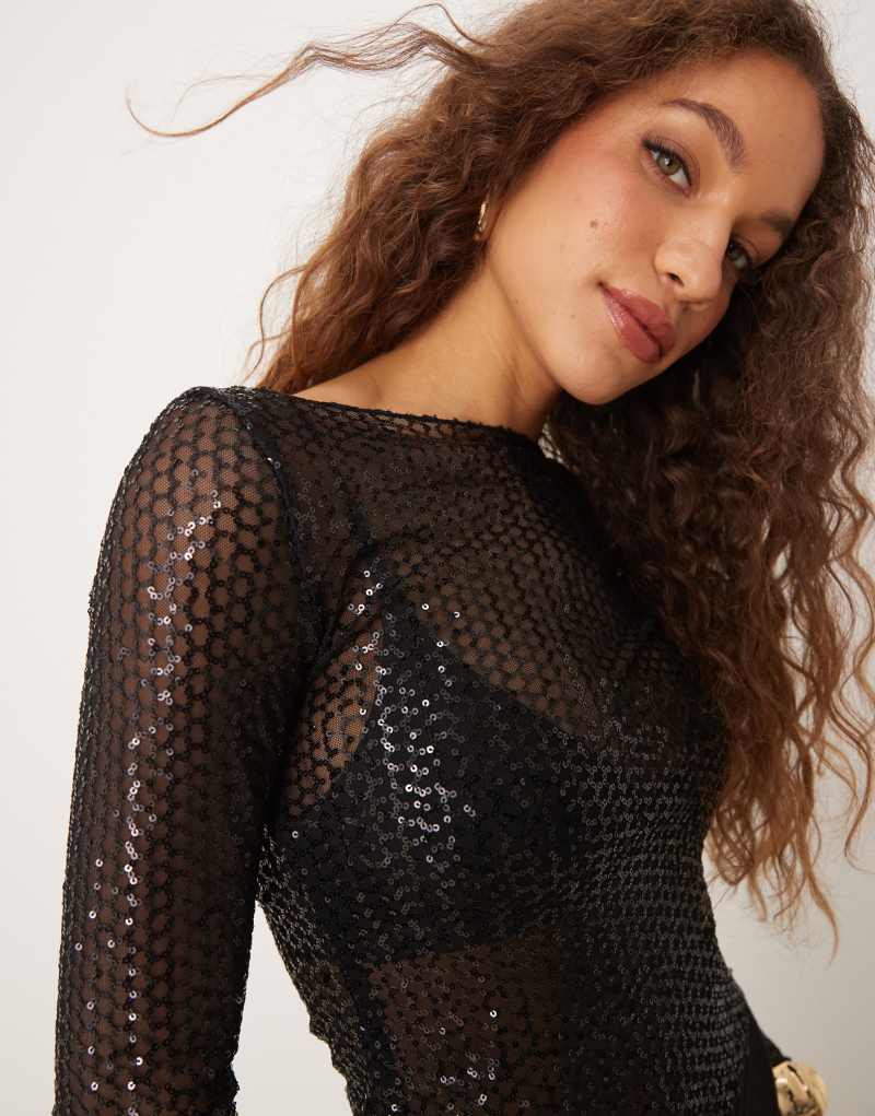 Gina Tricot sequin sheer long sleeve top with boat neck in black GINA TRICOT