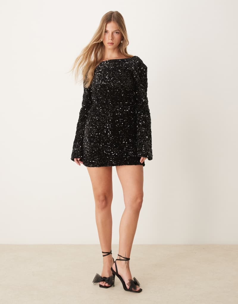 Gina Tricot flared sleeves low back sequin mini dress in black GINA TRICOT