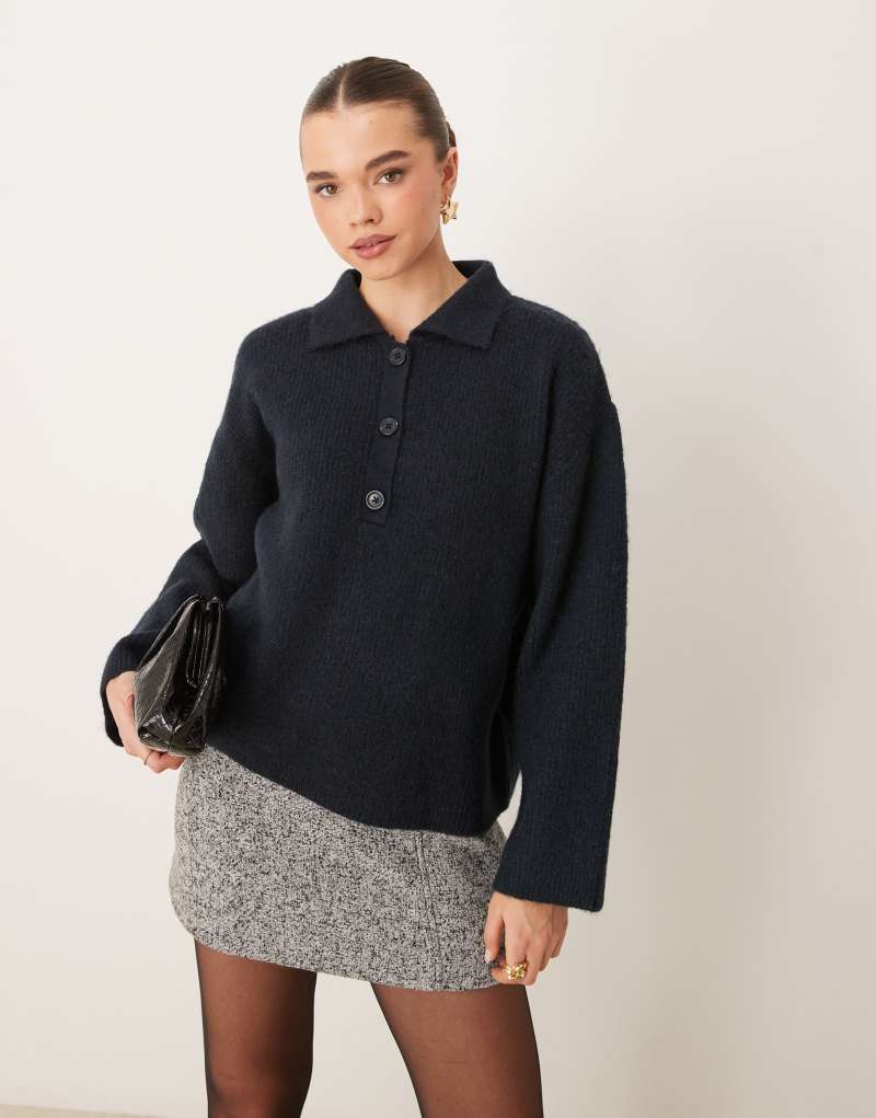 Gina Tricot knitted button polo collar long sleeve top in blue GINA TRICOT