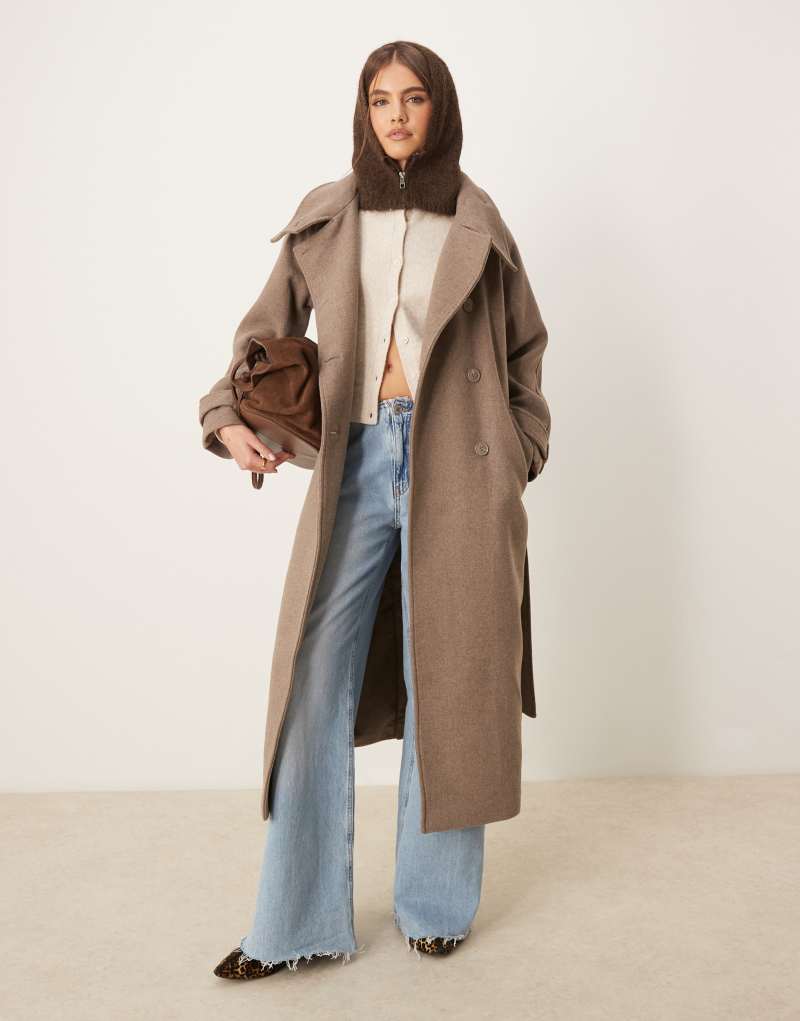 Gina Tricot wool blend belted midaxi coat with funnel neck detail in beige GINA TRICOT