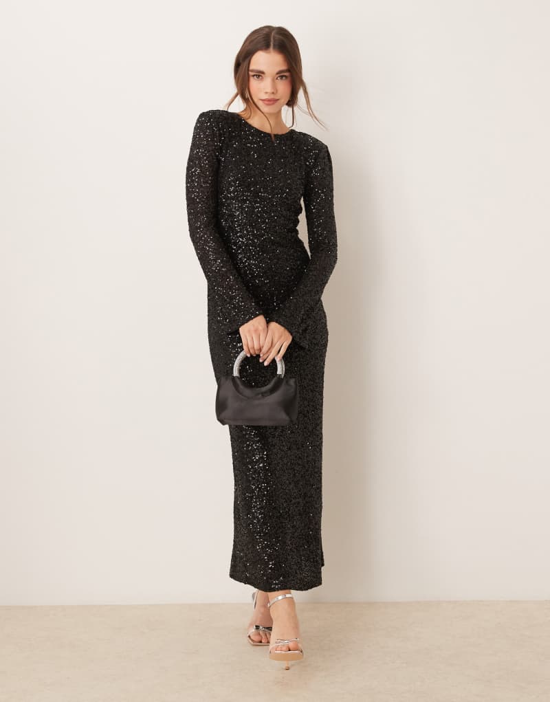 GINA TRICOT fluted sleeve sequin maxi dress with open back in black GINA TRICOT