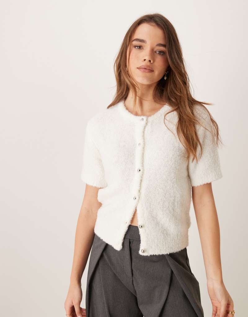 GINA TRICOT supersoft textured knit short sleeve cardigan in off white GINA TRICOT