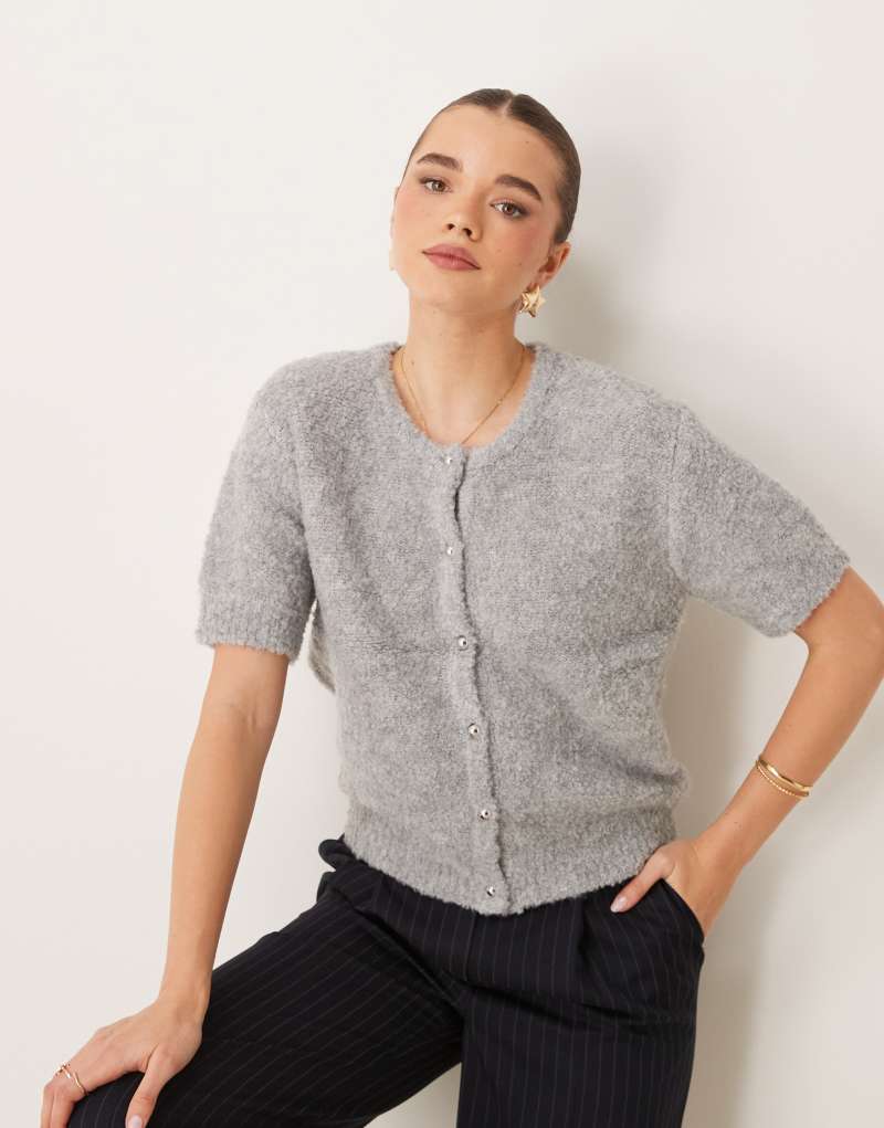 Gina Tricot supersoft textured knit short sleeve cardigan in gray melange GINA TRICOT