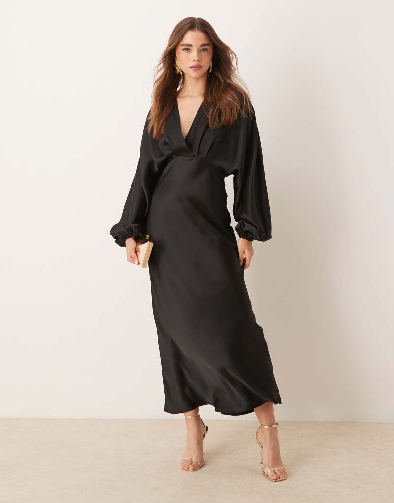 GINA TRICOT v neck satin maxi dress with volume sleeves in black GINA TRICOT