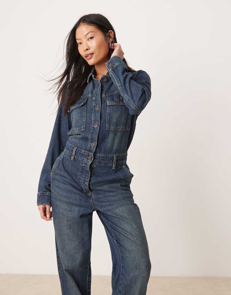 JDY Petite long sleeves denim jumpsuit in mid wash blue JDY Petite