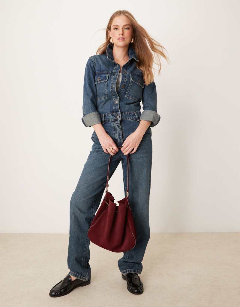 JDY long sleeve denim jumpsuit in mid wash blue JDY