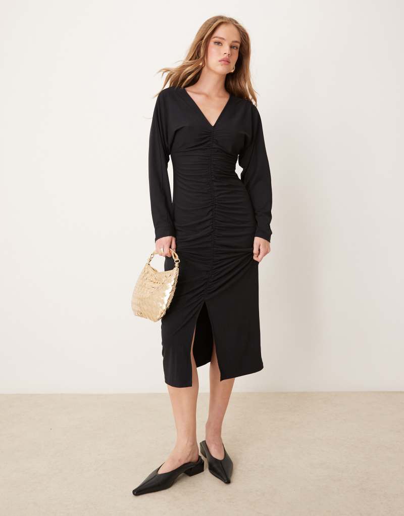 JDY ruched front midi dress in black JDY