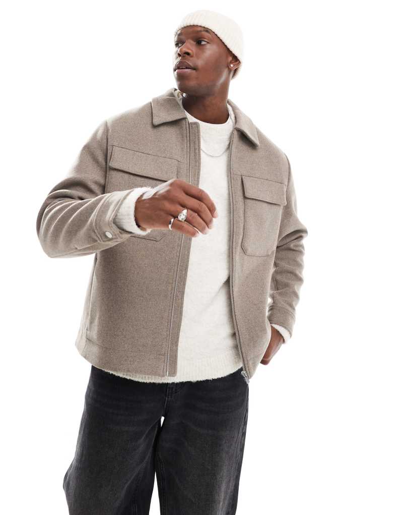 Jack & Jones wool mix cropped jacket with pockets in mocha Jack & Jones