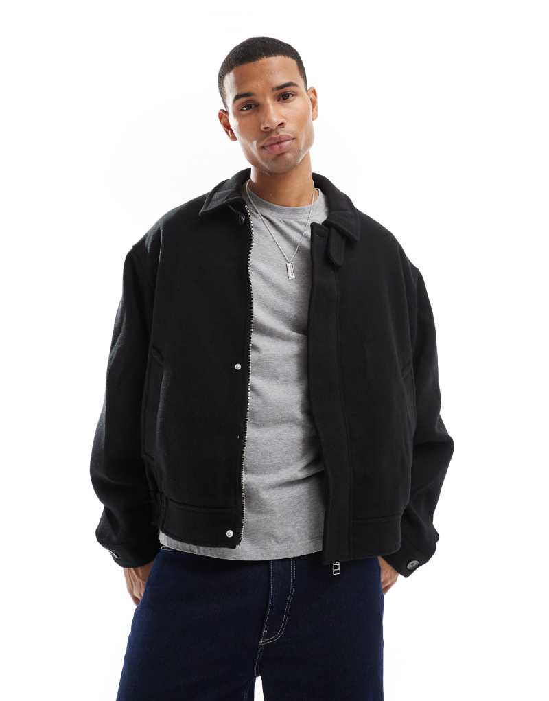 Jack & Jones wool mix zip through harrington jacket in black Jack & Jones