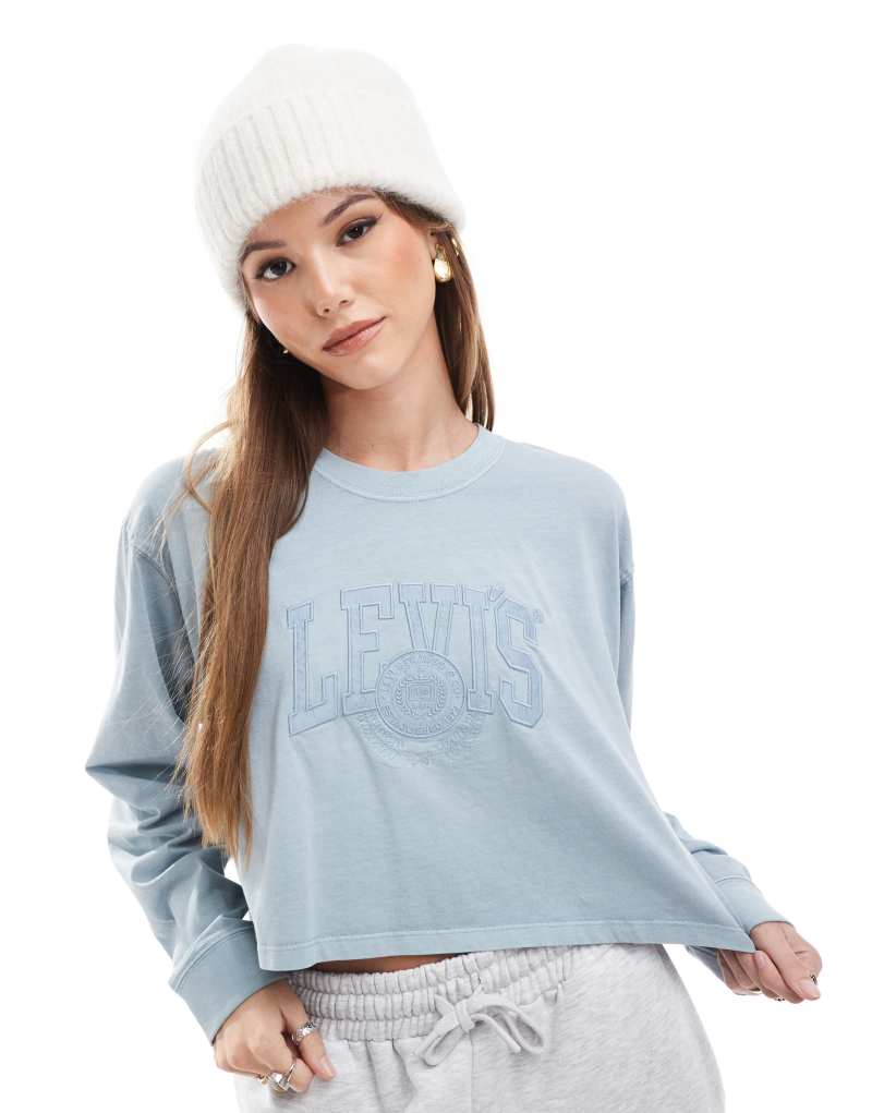 Levi's varsity tonal logo cropped long sleeve t-shirt in mid blue Levi's®