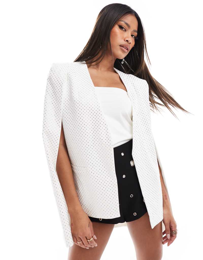 Lavish Alice crystal embellished classic cape blazer in white LAVISH ALICE