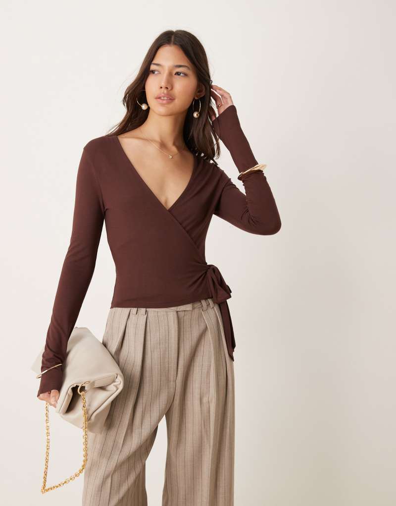 Miss Selfridge long sleeve jersey wrap top in chocolate Miss Selfridge