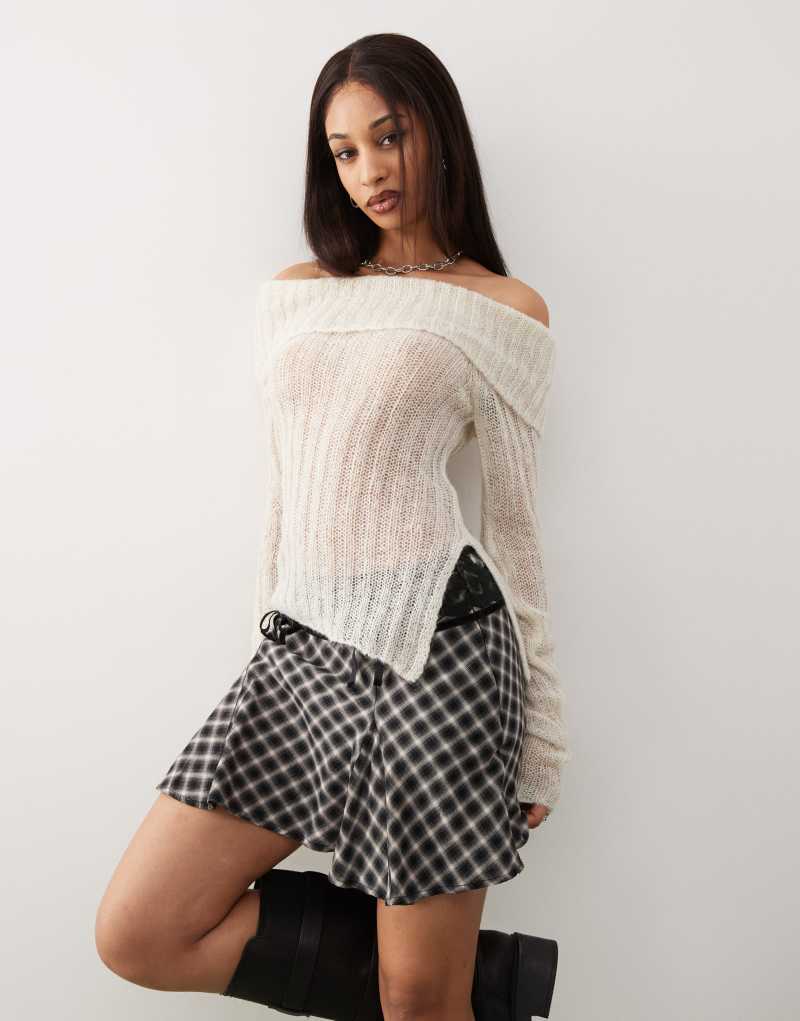 Monki long sleeve off the shoulder knit top in light beige Monki