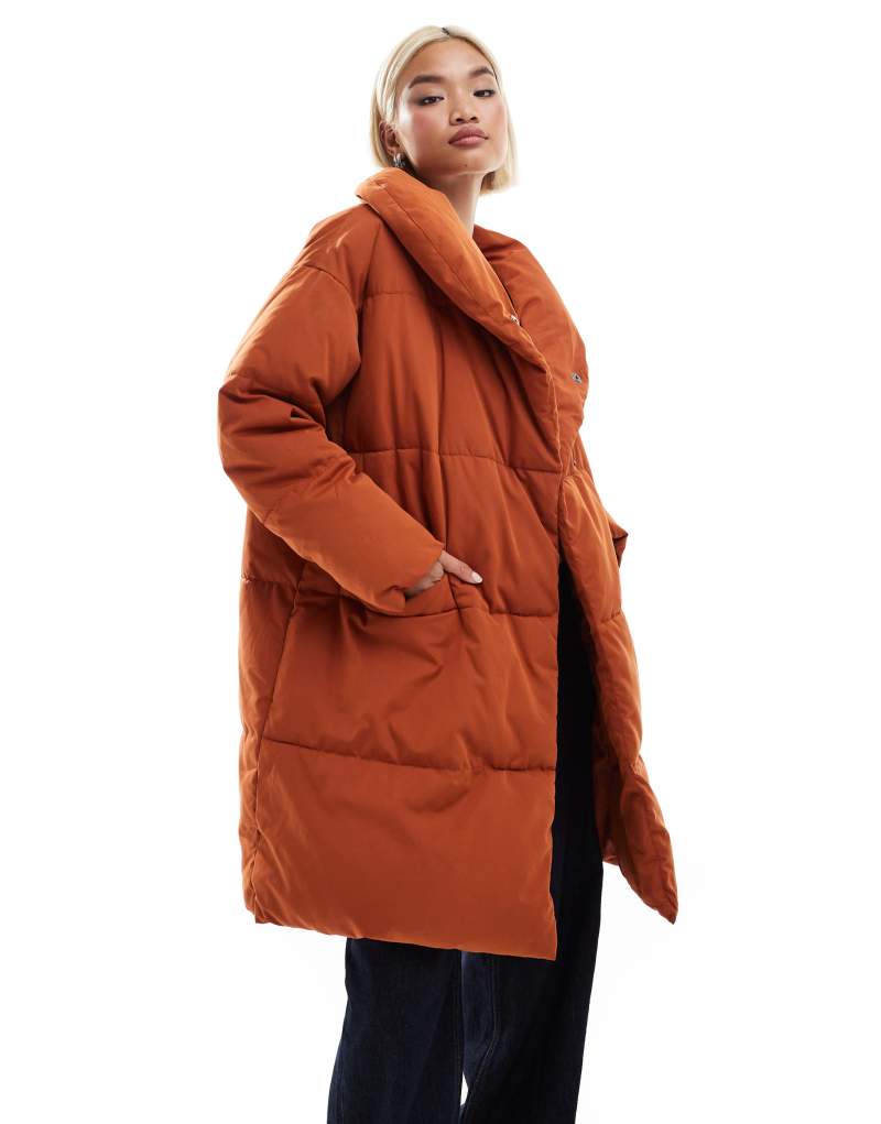 Monki padded mid length coat in rust Monki