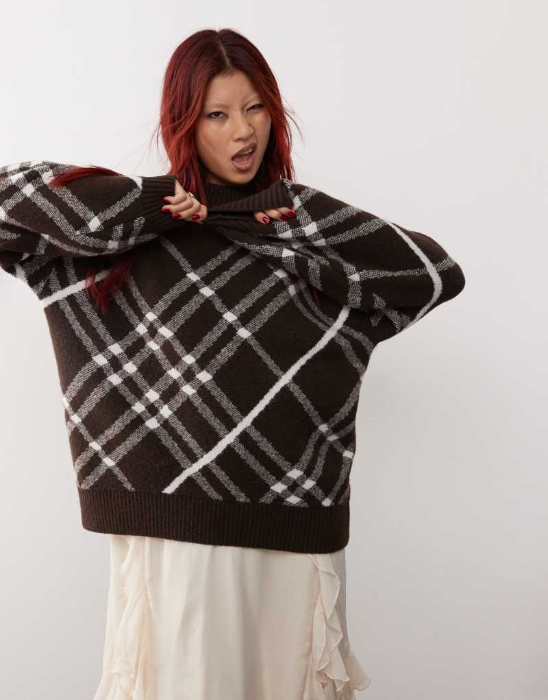 Monki oversized knit sweater in black and brown check Monki