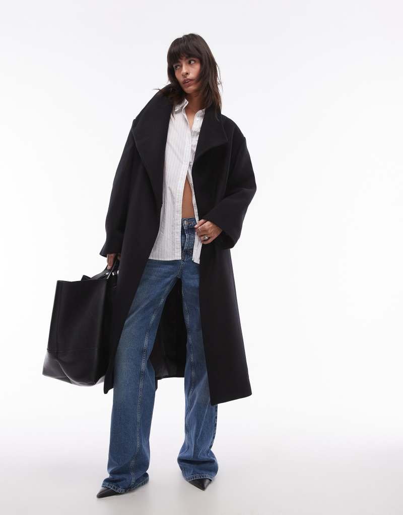 Mango wool mix wrap waist jacket in black MANGO