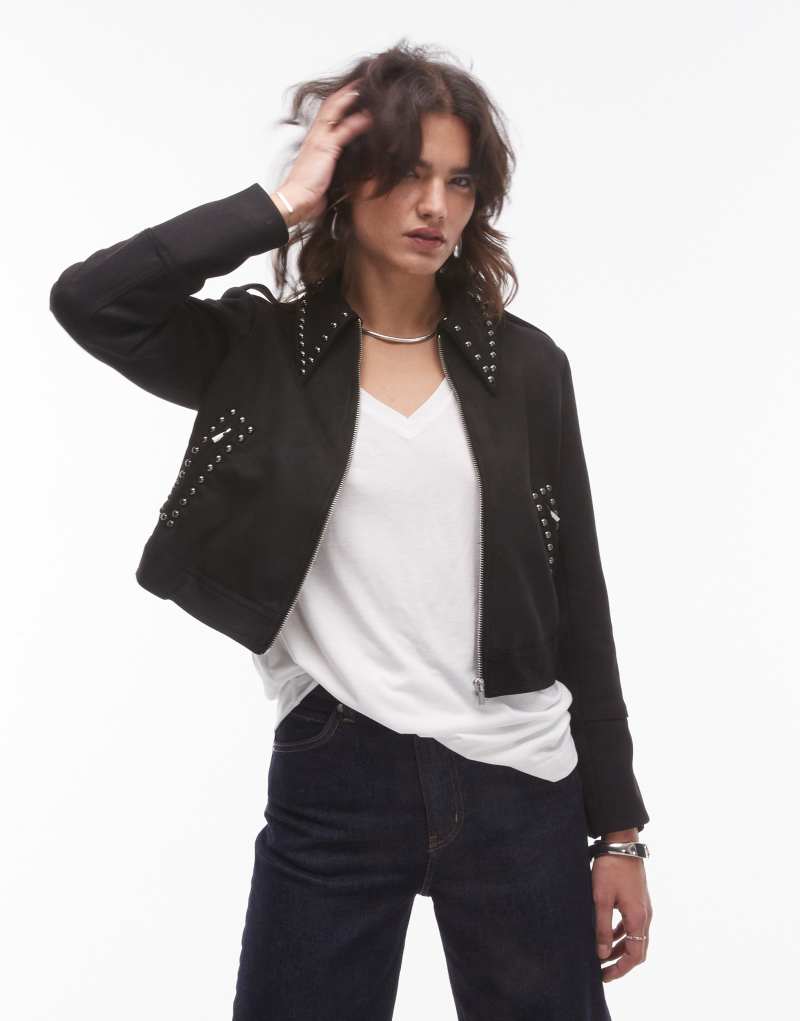 Mango studded collar western jacket in black MANGO