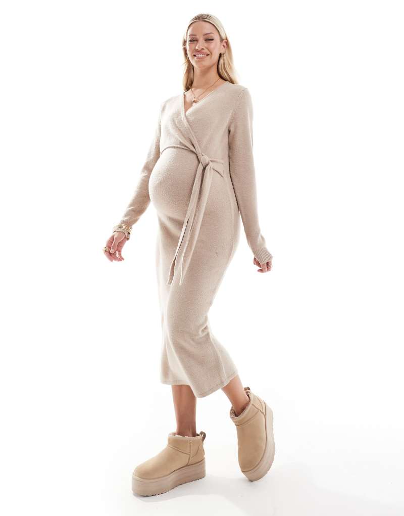 Mamalicious maternity knitted maxi dress with knot front in beige MAMALICIOUS