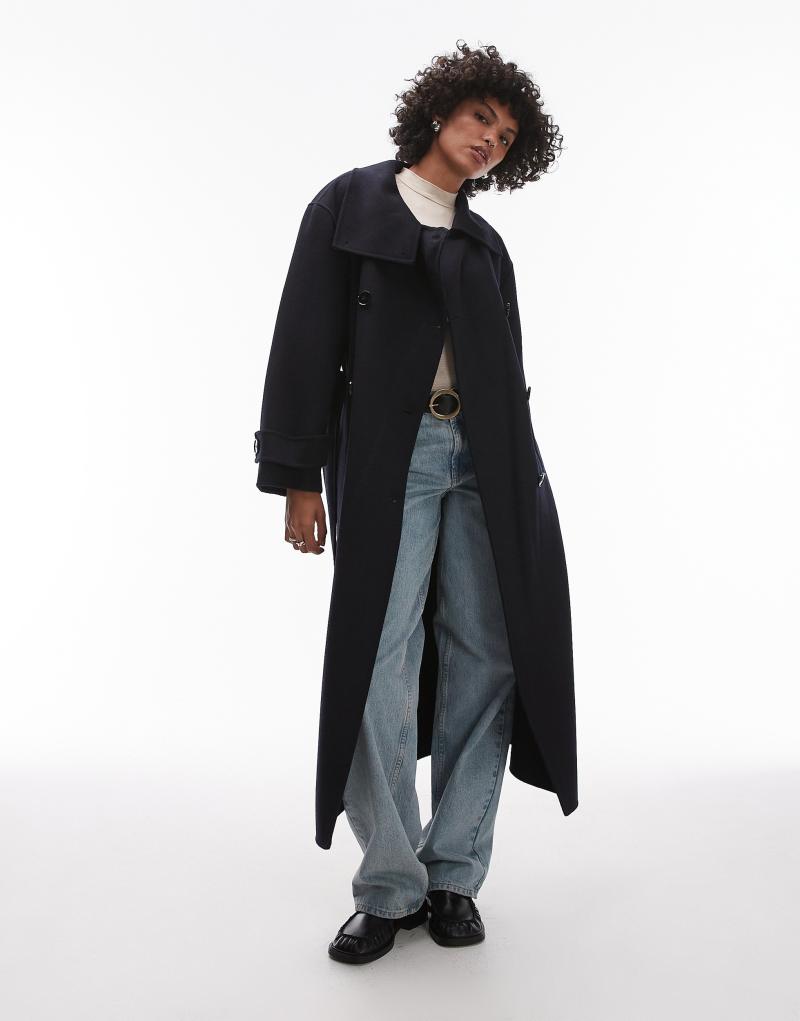 Mango Capsule longline wool coat in navy MANGO