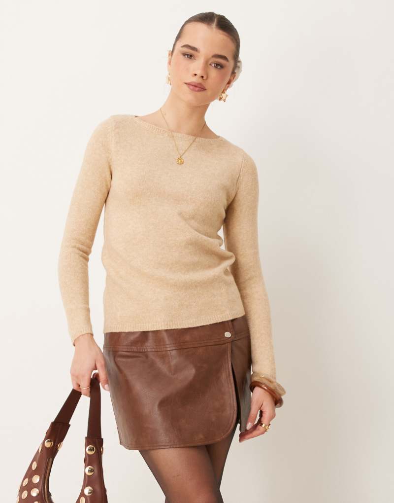 Mango lightweight wool mix high boat neck sweater in beige MANGO