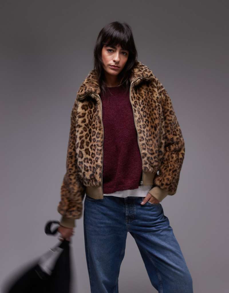 Mango zip up leopard print fur jacket in brown MANGO