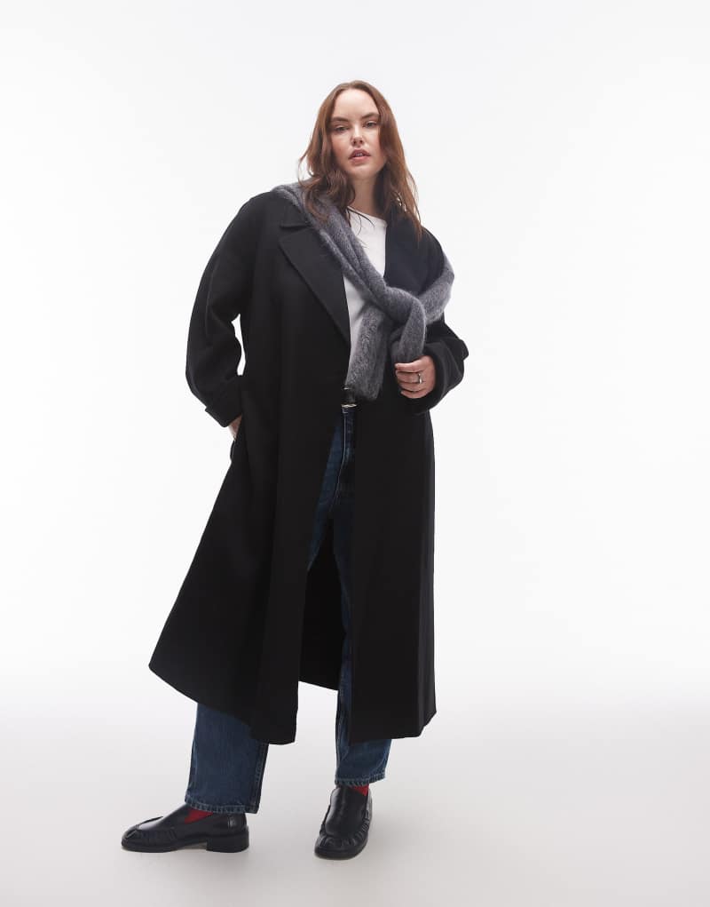 Mango Curve tie waist wool coat in black MANGO