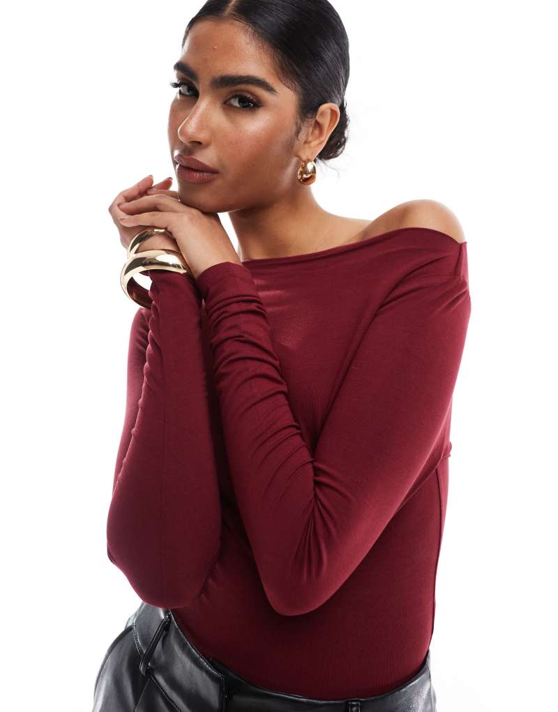 Miss Selfridge long sleeve slash neck top in burgundy Miss Selfridge