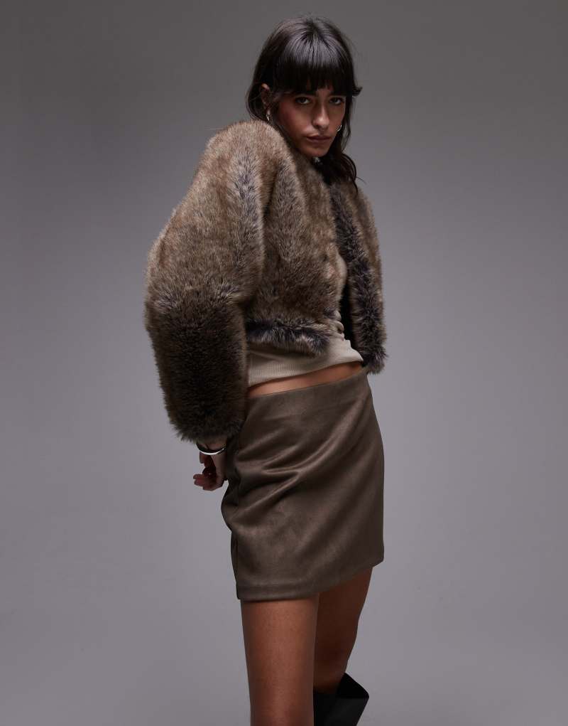 Mango cropped mixed faux fur jacket in brown MANGO