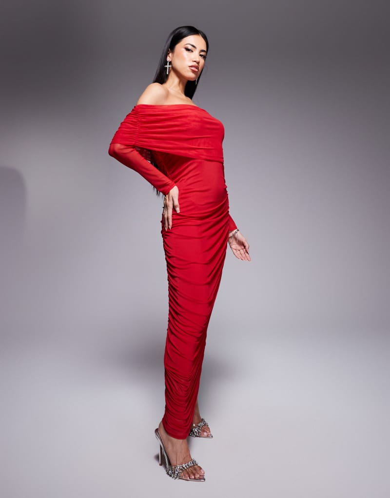 Never Fully Dressed ruched midaxi dress in red NEVER FULLY DRESSED