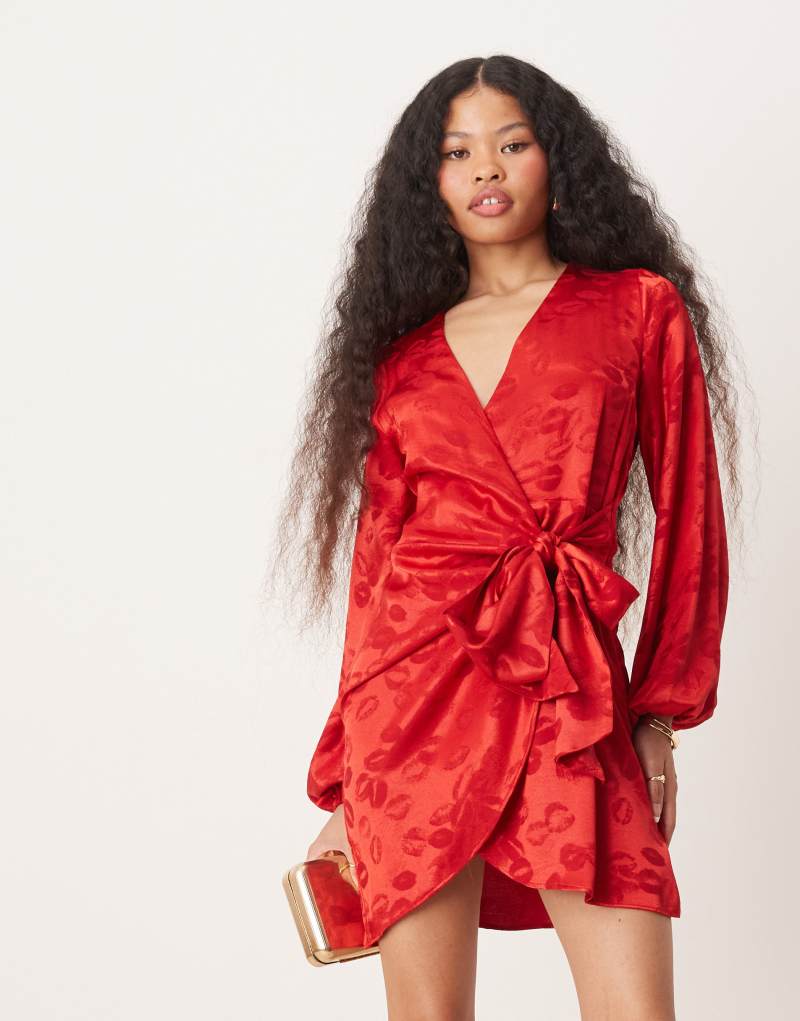 Never Fully Dressed Petite lip embossed satin wrap mini dress in red NEVER FULLY DRESSED