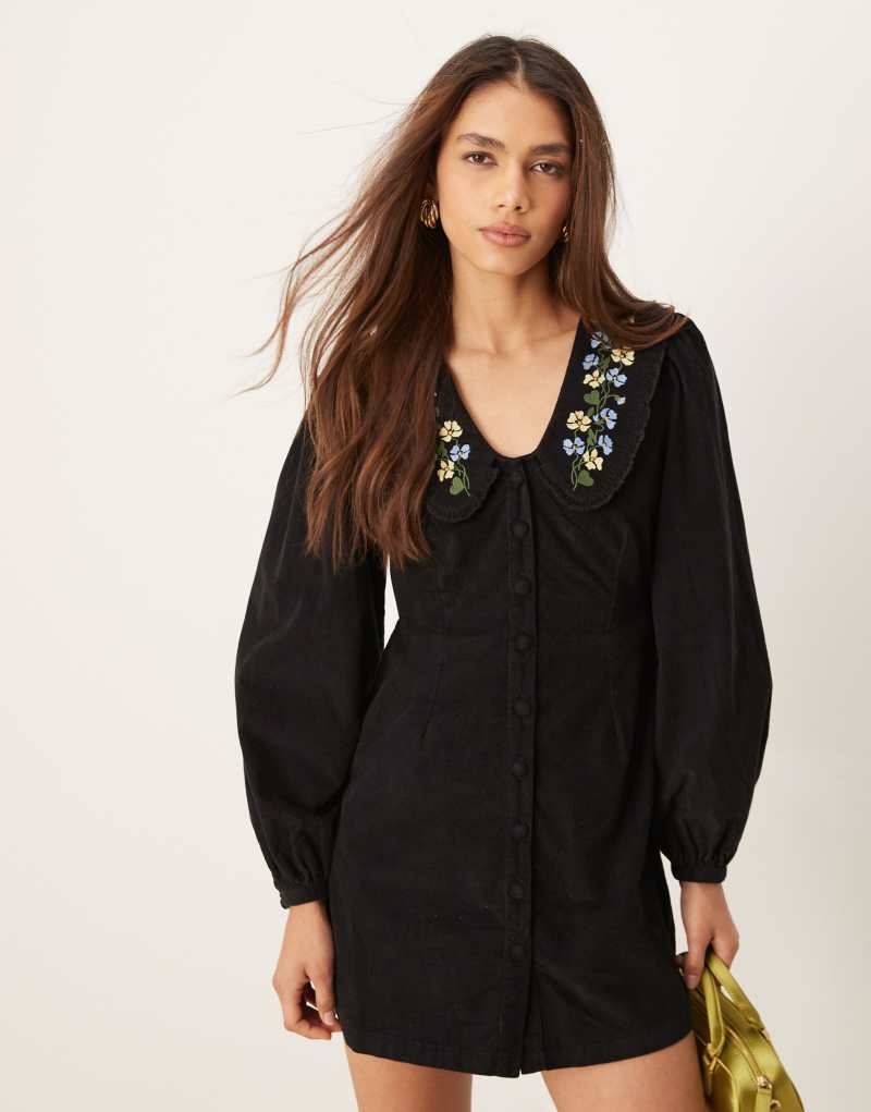 Nobody's Child Primrose cord mini dress with embroidered collar in black Nobody's Child