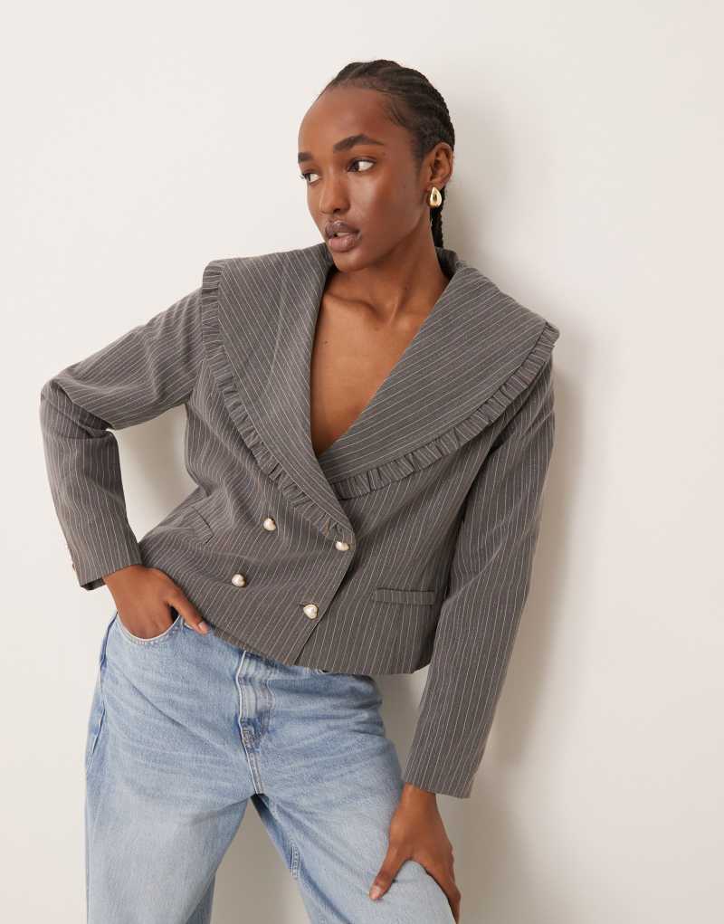 Neon Rose ruffle edge cropped sparkle pinstripe blazer in gray Neon Rose