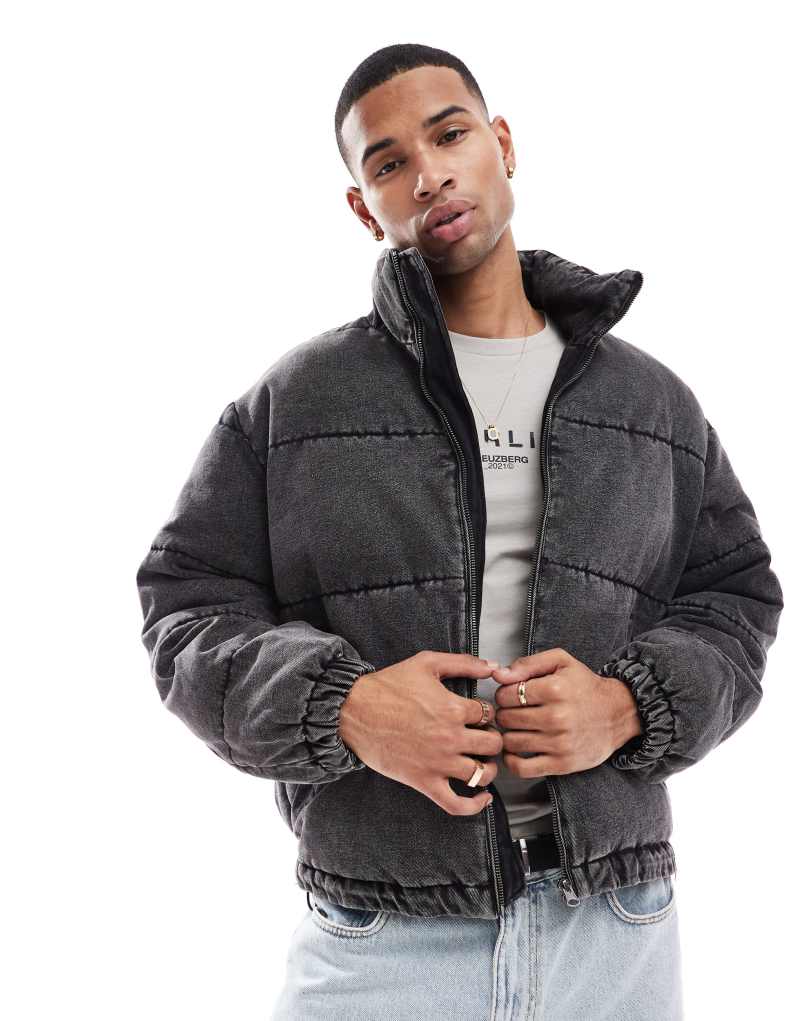 ONLY & SONS puffer jacket with denim look in washed black Only & Sons