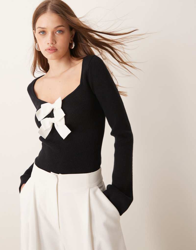 Pretty Lavish knitted bow detail top in mono Pretty Lavish