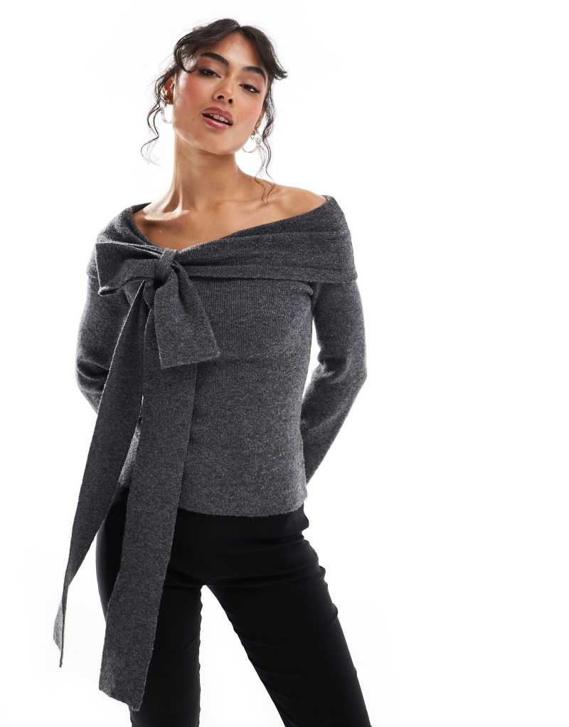 Pretty Lavish bardot bow knit top in gray Pretty Lavish