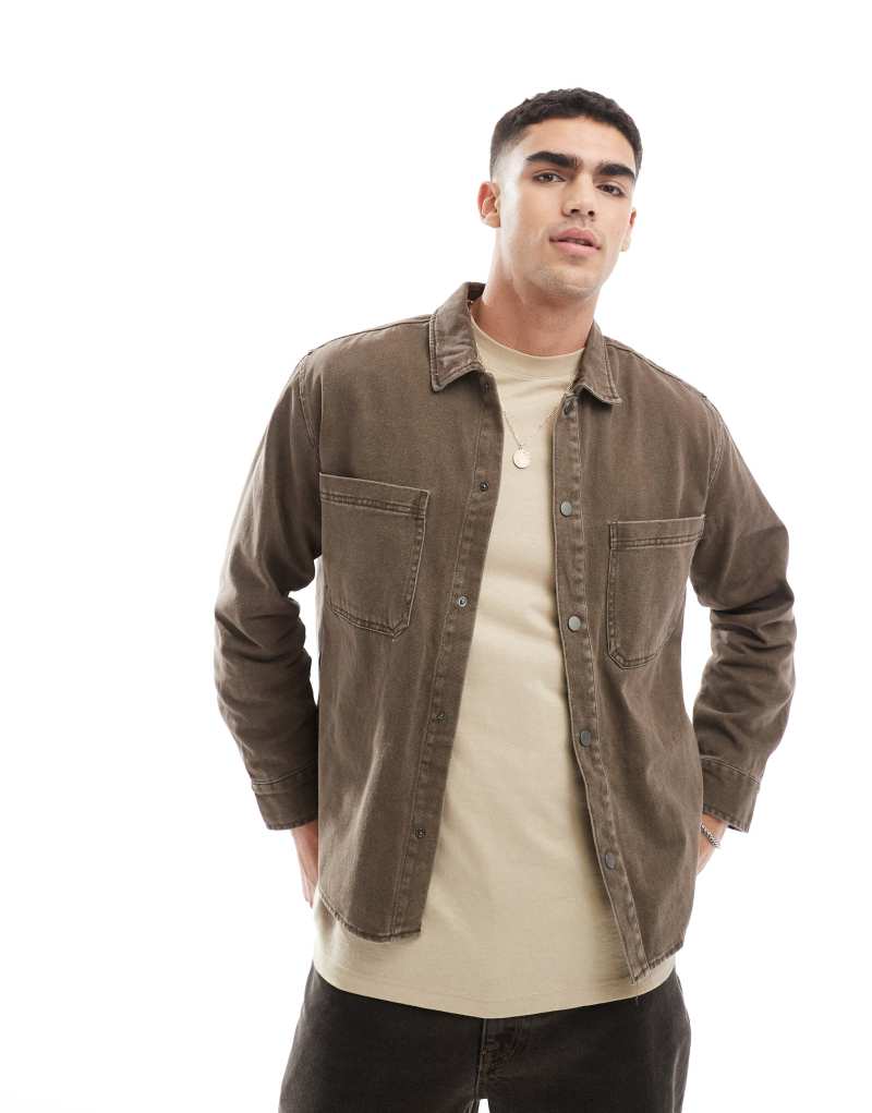 Pull&bear denim acid washed overshirt in brown Pull&Bear