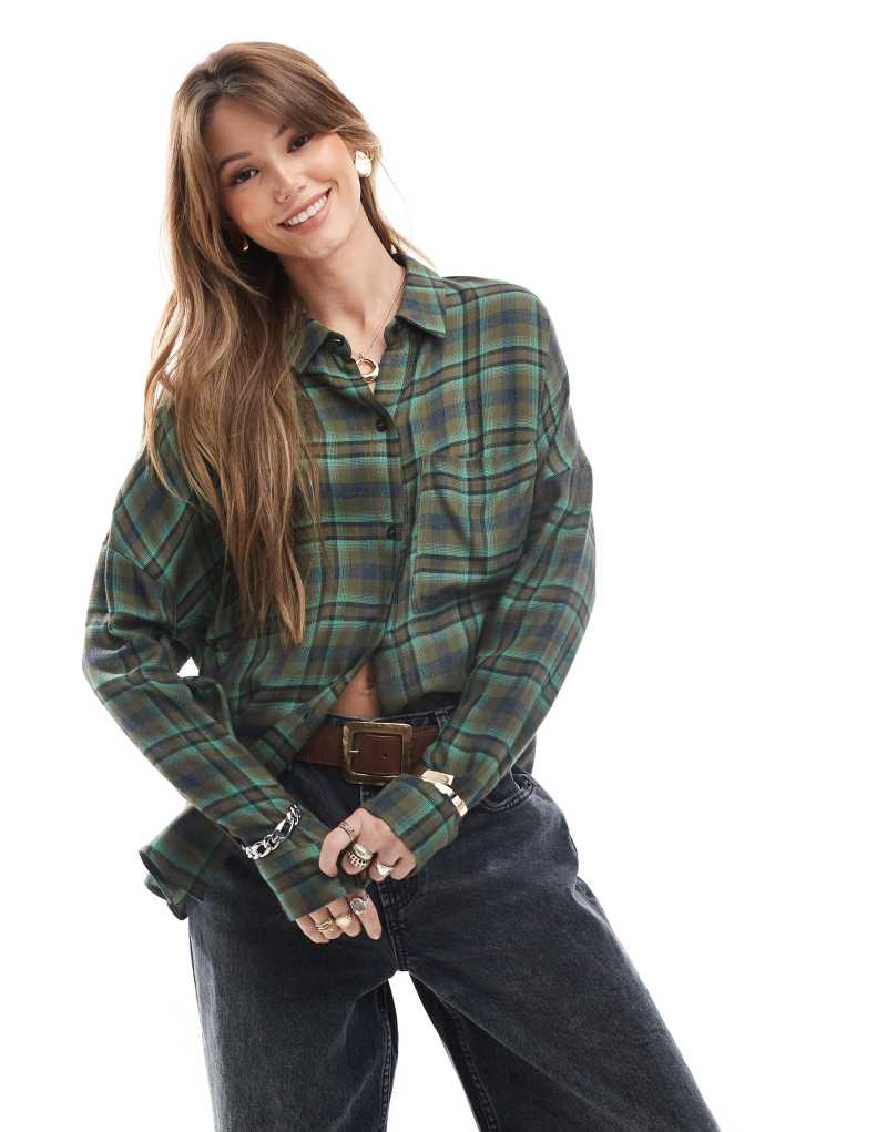 Pull&Bear washed plaid shirt in green Pull&Bear