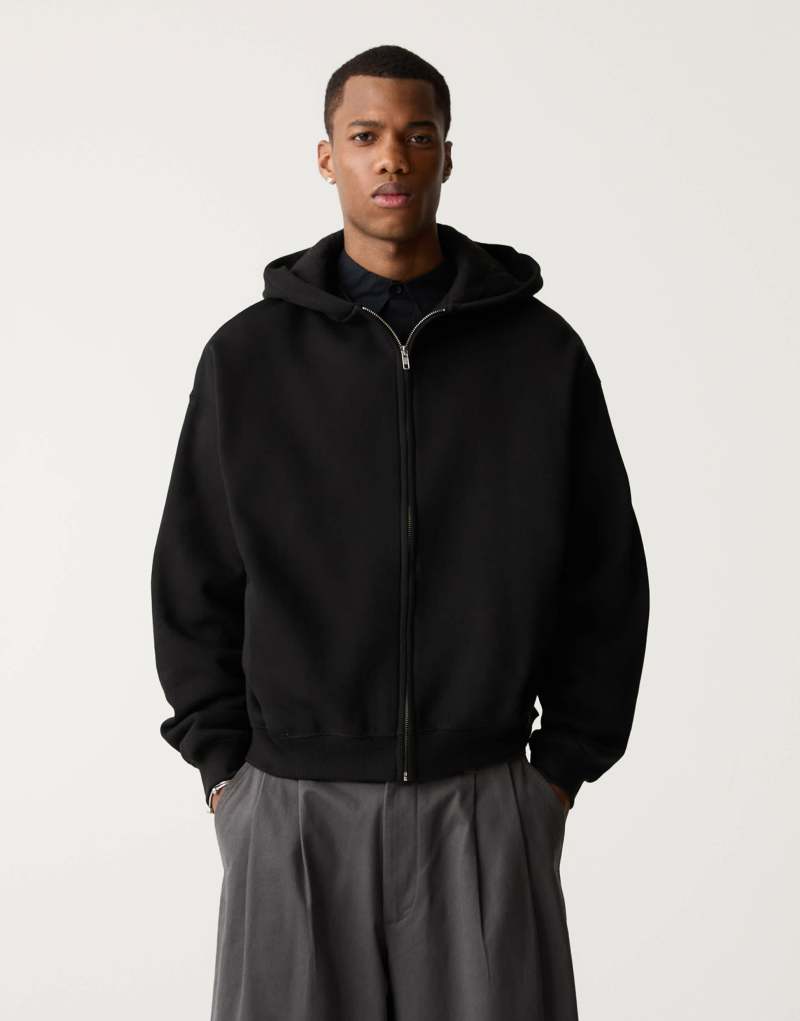 Pull&Bear Black Label zip up boxy fit hoodie in black Pull&Bear