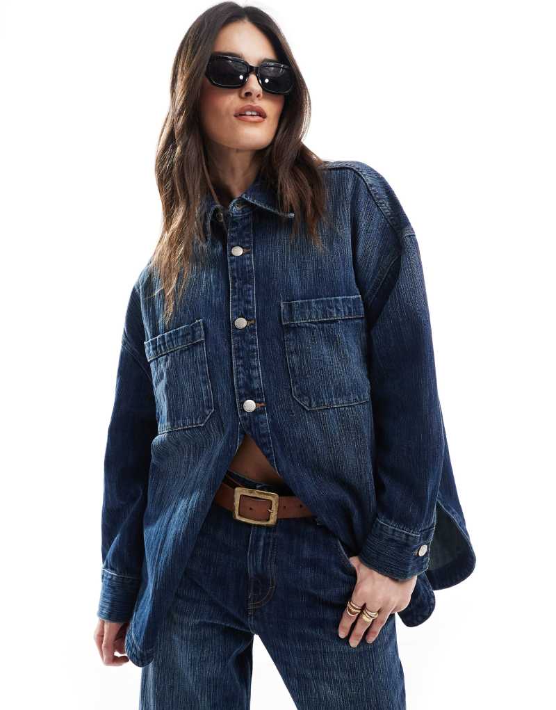 Pull&Bear oversized denim shirt with ombre thread detail in dark blue - part of a set Pull&Bear